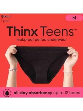 Thinx Teens Leakproof Bikini Period Underwear Black 11/12 M Washable & Reusable